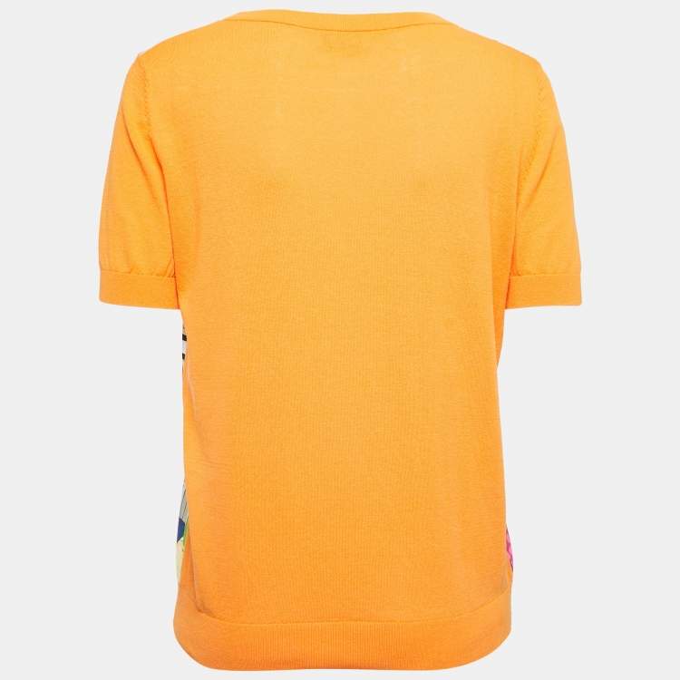 Pre Owned Moschino Cheap & Chic Orange Cartoon Print Knit Short Sleeve Top M