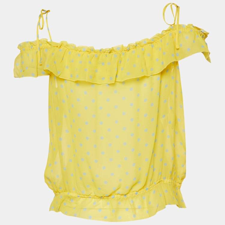 Pre Owned Moschino Cheap and Chic Yellow Polka Dot Printed Silk Ruffle Detail Top L