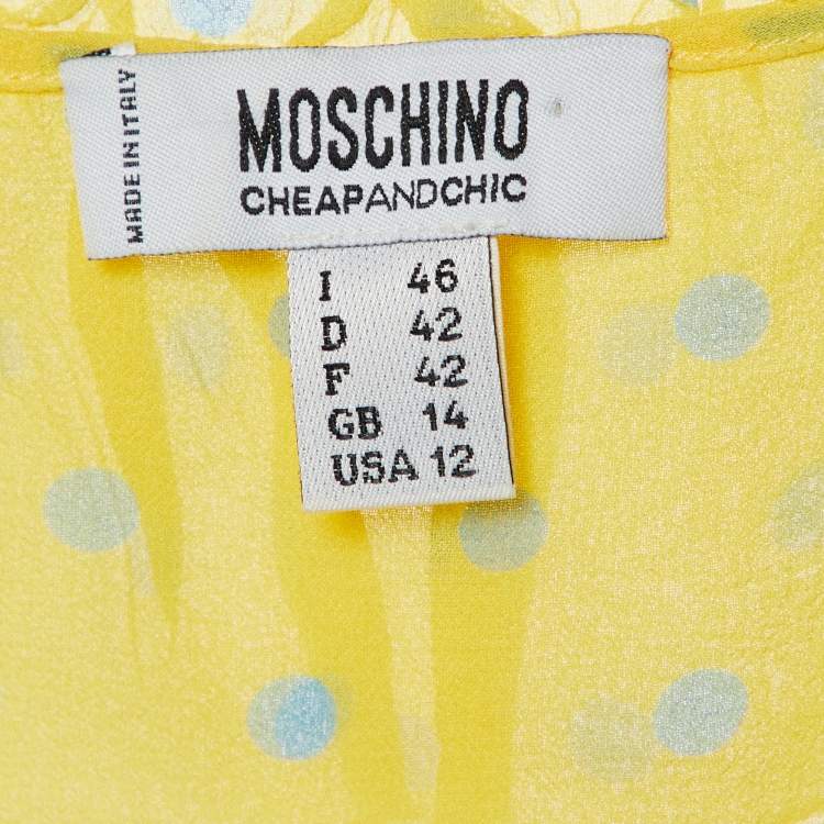 Pre Owned Moschino Cheap and Chic Yellow Polka Dot Printed Silk Ruffle Detail Top L
