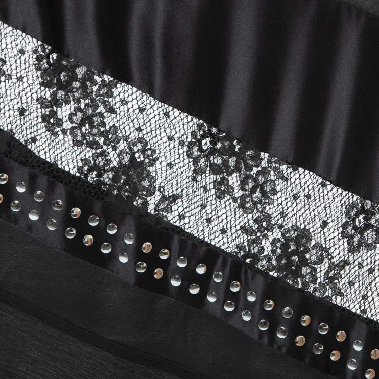 Pre Owned Moschino Cheap and Chic Black Studded Satin & Faux Leather Maxi Skirt M 