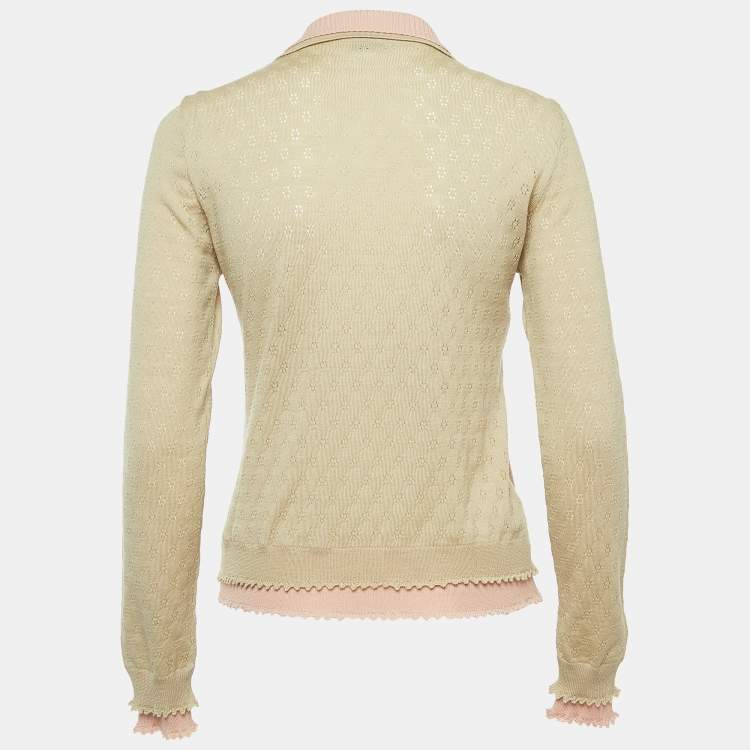 Pre Owned Moschino Cheap and Chic Beige/Pink Perforated Wool Knit Button Front Cardigan M