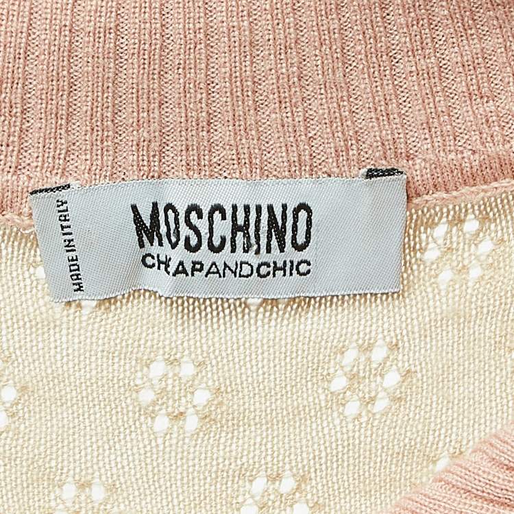 Pre Owned Moschino Cheap and Chic Beige/Pink Perforated Wool Knit Button Front Cardigan M