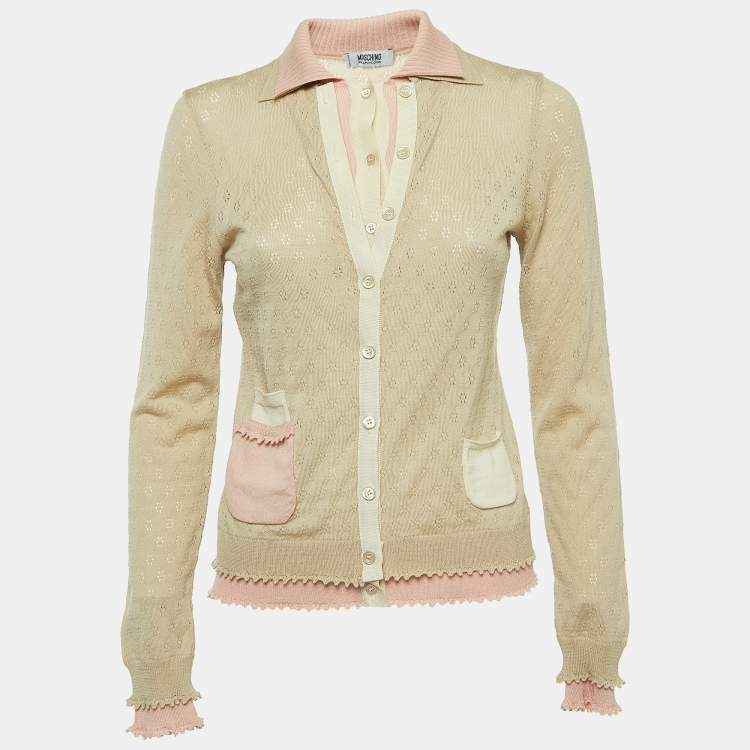 Pre Owned Moschino Cheap and Chic Beige/Pink Perforated Wool Knit Button Front Cardigan M