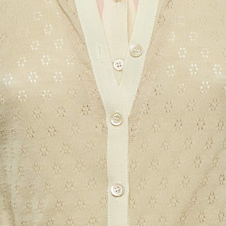Pre Owned Moschino Cheap and Chic Beige/Pink Perforated Wool Knit Button Front Cardigan M