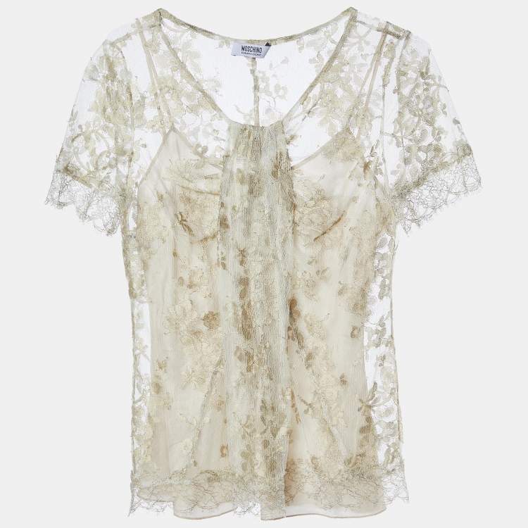 Pre Owned Moschino Cheap and Chic Gold Floral Lace Half Sleeve Top S