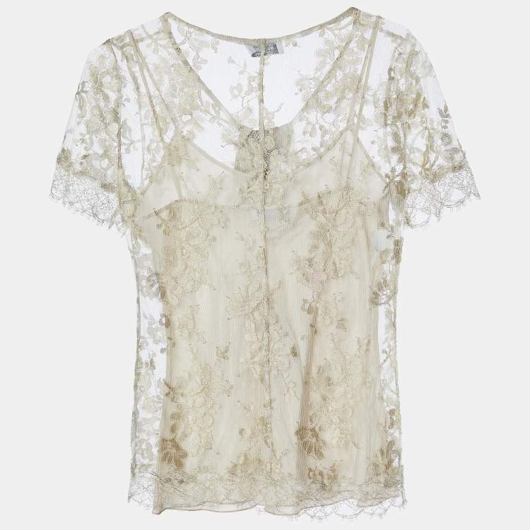 Pre Owned Moschino Cheap and Chic Gold Floral Lace Half Sleeve Top S