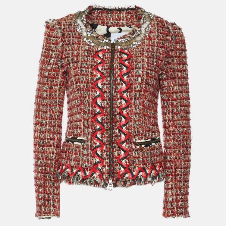 Pre Owned Moschino Cheap and Chic Red Tweed Embellished Jacket M