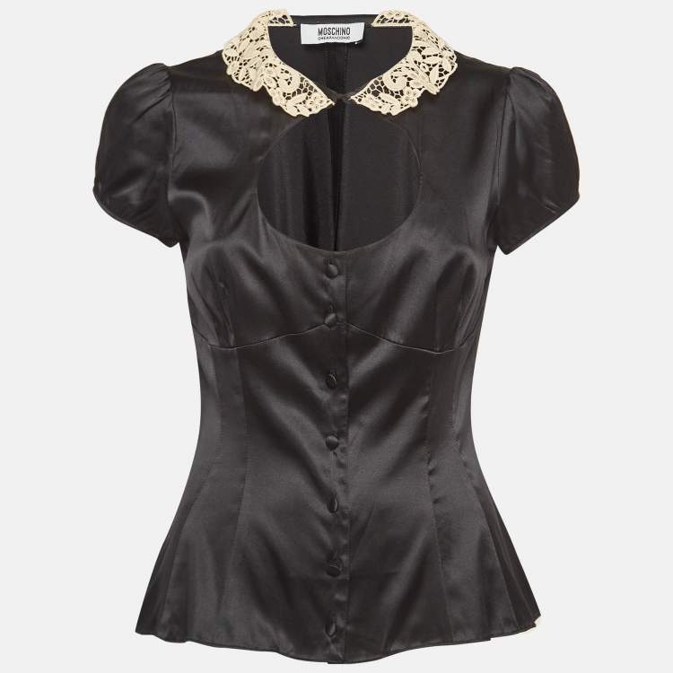 مملوكة مسبقًا Moschino Cheap and Chic Black Lace Collar Satin Blouse M