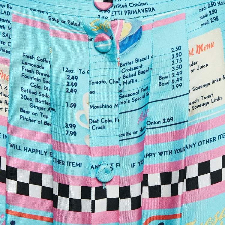 Pre Owned Moschino Couture Blue Drive In Menu Print Silk Pleated Midi Skirt L
