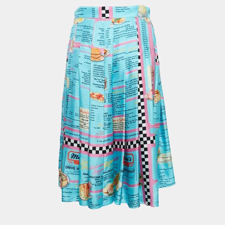 Pre Owned Moschino Couture Blue Drive In Menu Print Silk Pleated Midi Skirt M