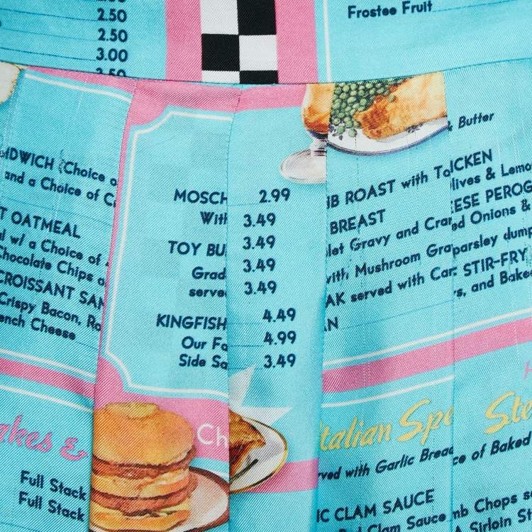 Pre Owned Moschino Couture Blue Drive In Menu Print Silk Pleated Midi Skirt M