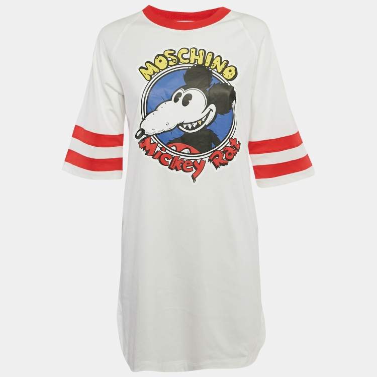 Pre Owned Moschino Couture White Mickey Rat Printed Cotton T-Shirt Dress S