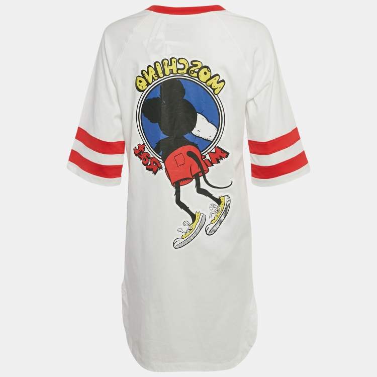 Pre Owned Moschino Couture White Mickey Rat Printed Cotton T-Shirt Dress S