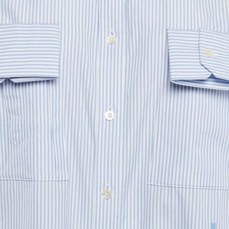 Pre Owned Moschino Couture Blue Striped Cotton Cuffed Pocket Shirt S