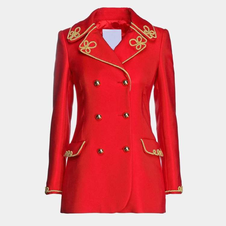 Pre Owned Moschino Couture Red Gabardine Embroidered Blazer M