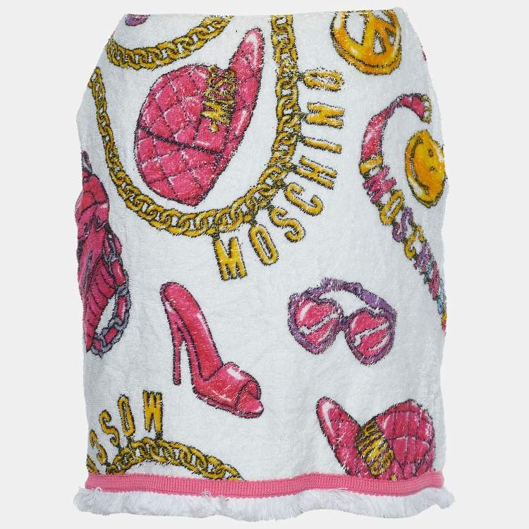 Pre Owned Moschino Couture White Printed Terry Cotton Fringed Towel Wrap Skirt S