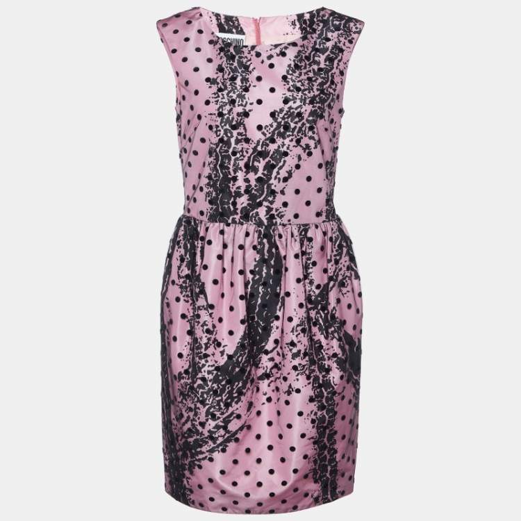 Pre Owned Moschino Couture Pink Printed Satin & Polka Dot Tulle Sleeveless Sheath Dress L