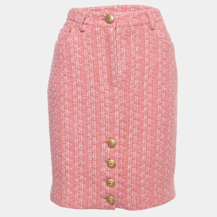 Pre Owned Moschino Couture Pink Tweed Gold-Button Skirt M