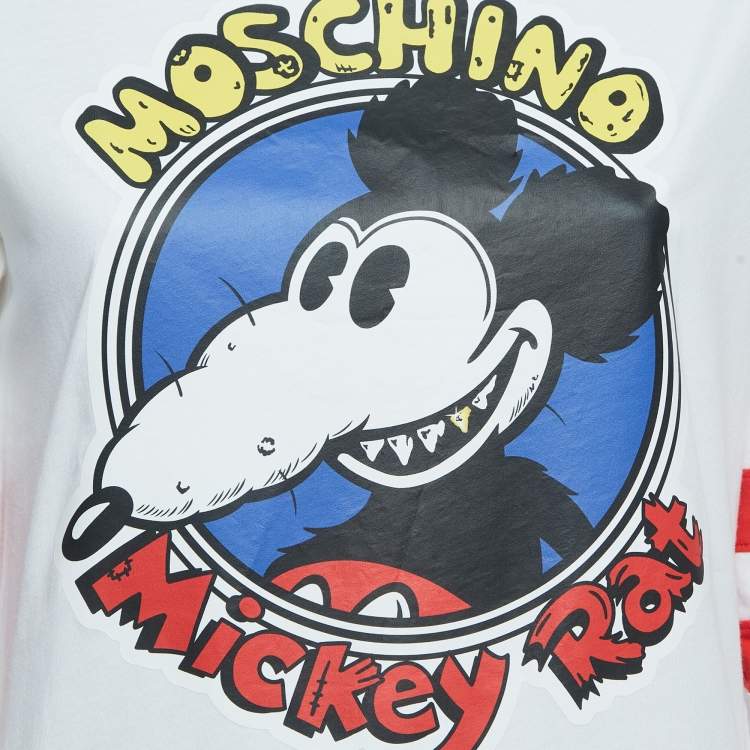 Pre Owned Moschino Couture White Mickey Rat Printed Cotton T-Shirt Dress XS