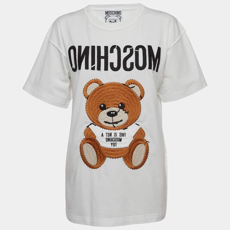 【送料&関税込】Moschino Couture Teddy Bear Cotton T-shirt Moschino Couture White Embroidered Teddy Bear Cotton T-Shirt
