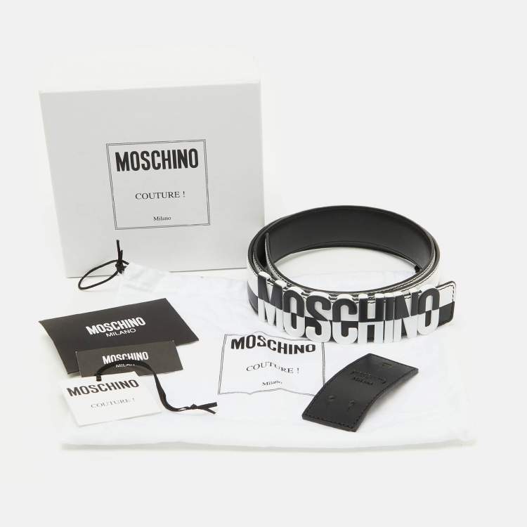 Pre Owned Moschino Black/White Leather Classic Logo Belt 95CM