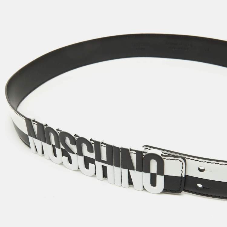 Pre Owned Moschino Black/White Leather Classic Logo Belt 95CM