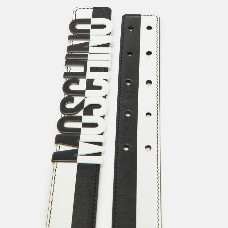 Pre Owned Moschino Black/White Leather Classic Logo Belt 95CM