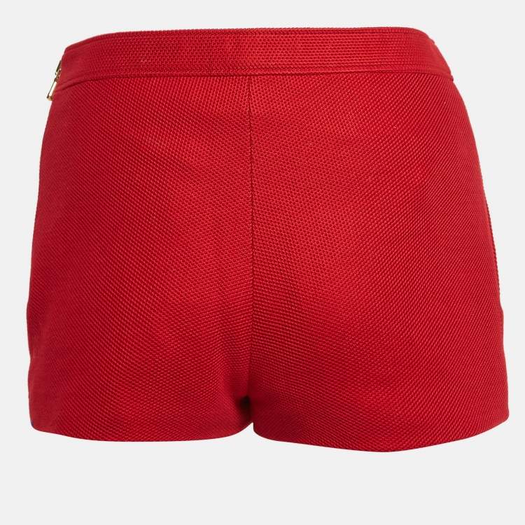 Pre Owned Moschino Red Textured Cotton Logo Metal Detail Shorts S