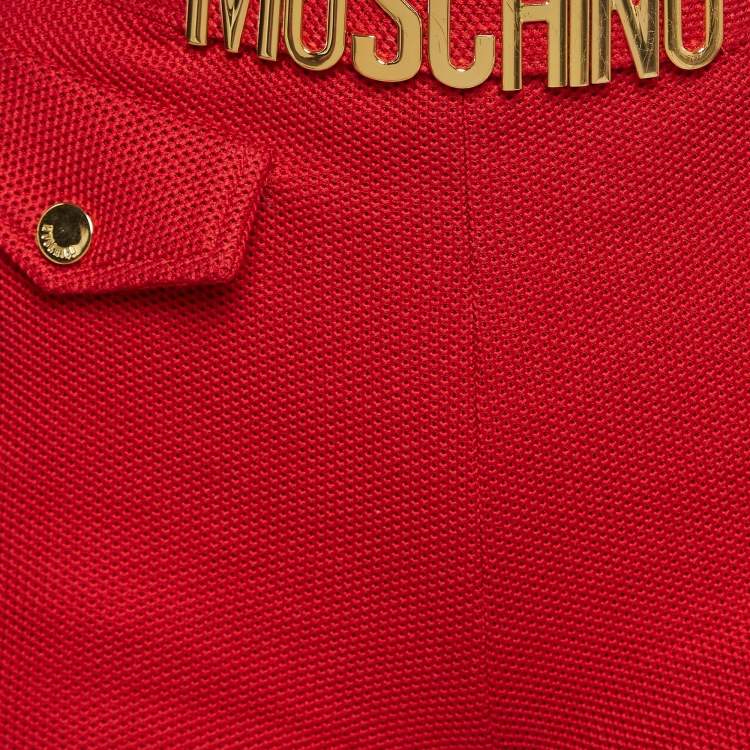 Pre Owned Moschino Red Textured Cotton Logo Metal Detail Shorts S