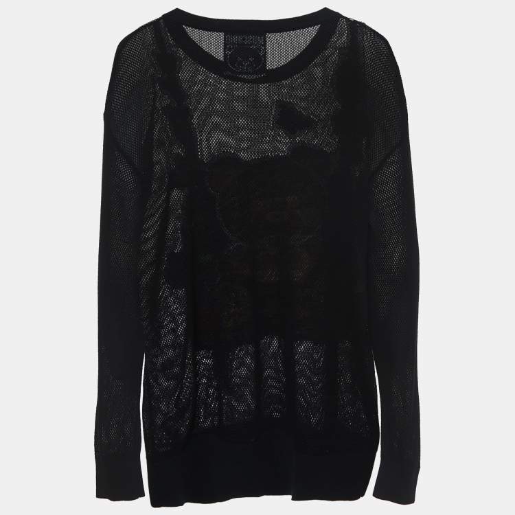 Pre Owned Moschino Couture Black Teddy Intarsia Mesh Sheer Sweatshirt S