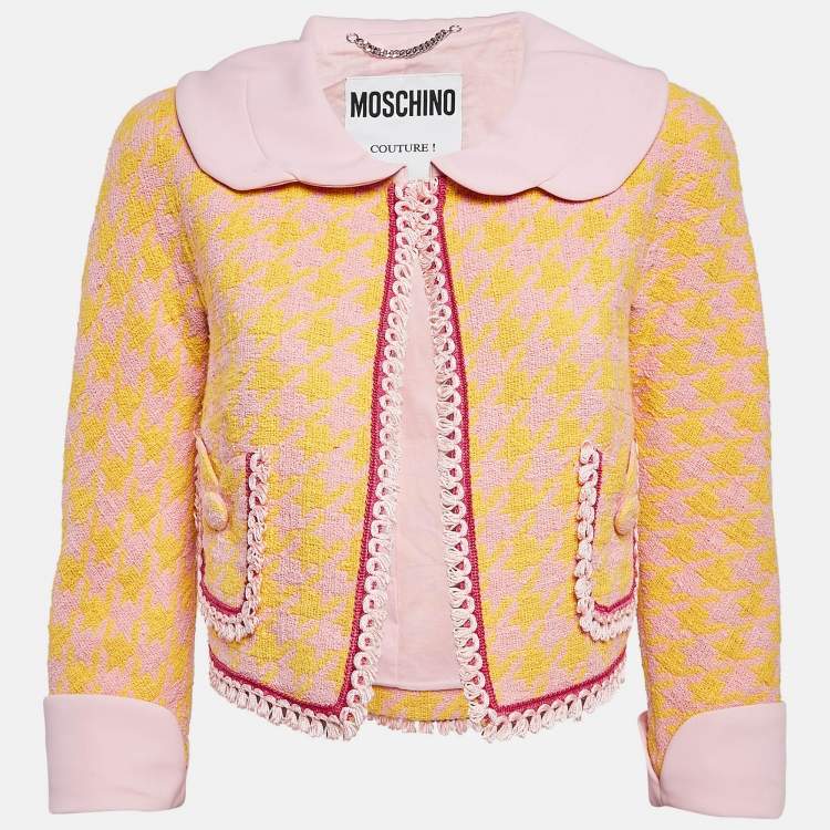 Pre Owned Moschino Couture Pink/Yellow Houndstooth Tweed Open Front Crop Jacket S