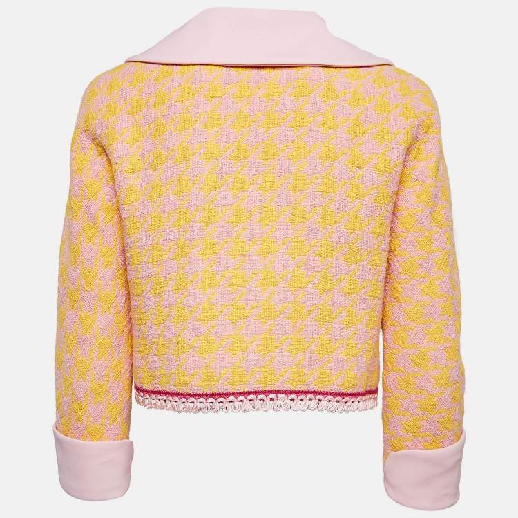 Pre Owned Moschino Couture Pink/Yellow Houndstooth Tweed Open Front Crop Jacket S