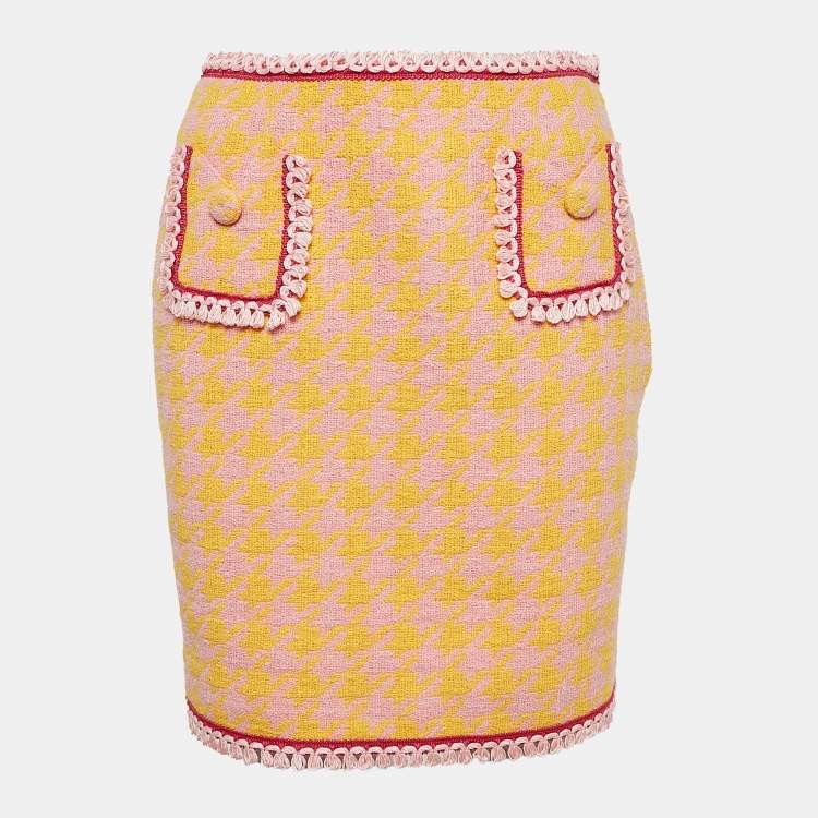Pre Owned Moschino Couture Pink/Yellow Houndstooth Cotton Mini Skirt S