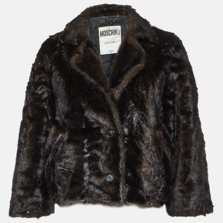 Pre Owned Moschino Couture Brown Faux Fur Single Breasted Coat XS