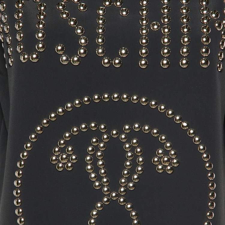 Pre Owned Moschino Couture Black Logo Studded Crepe Shift Dress M