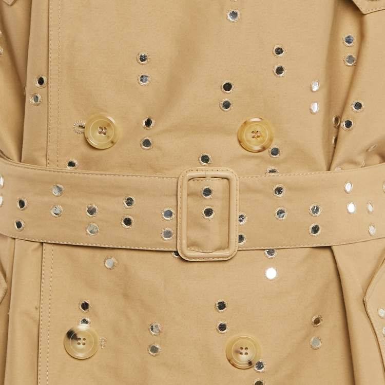 Pre Owned Moschino Couture Dark Beige Mirror Work Embroidery Cotton Blend Trench Coat XL