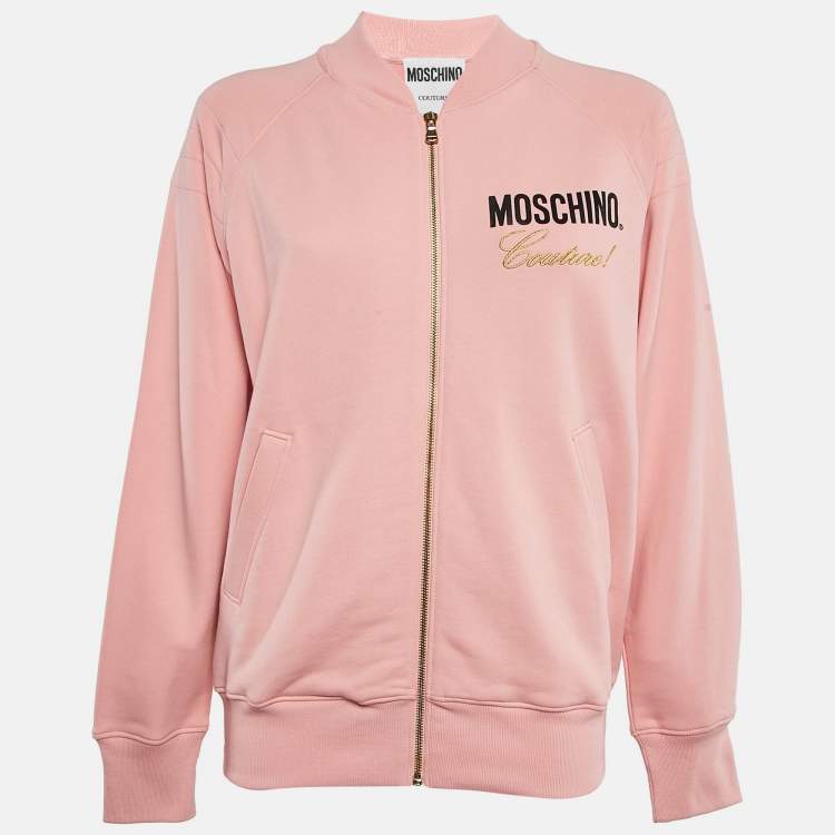 Pre Owned Moschino Couture Pink Embroidered Cotton Knit Zip-Up Jacket S