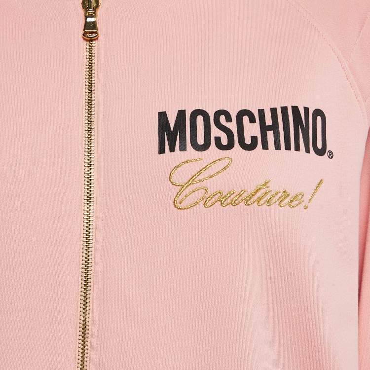 Pre Owned Moschino Couture Pink Embroidered Cotton Knit Zip-Up Jacket S