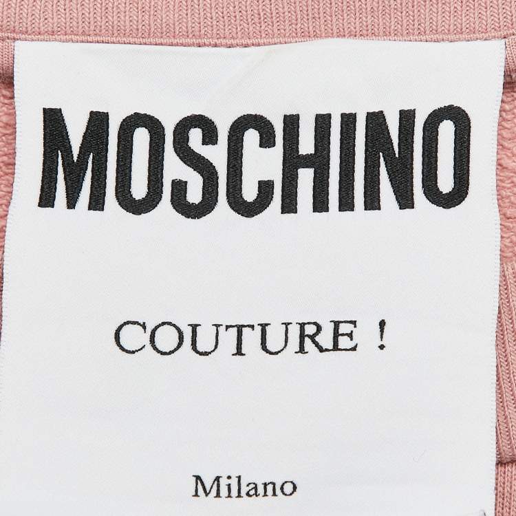 Pre Owned Moschino Pink Printed Cotton Knit Crop Sweatshirt S