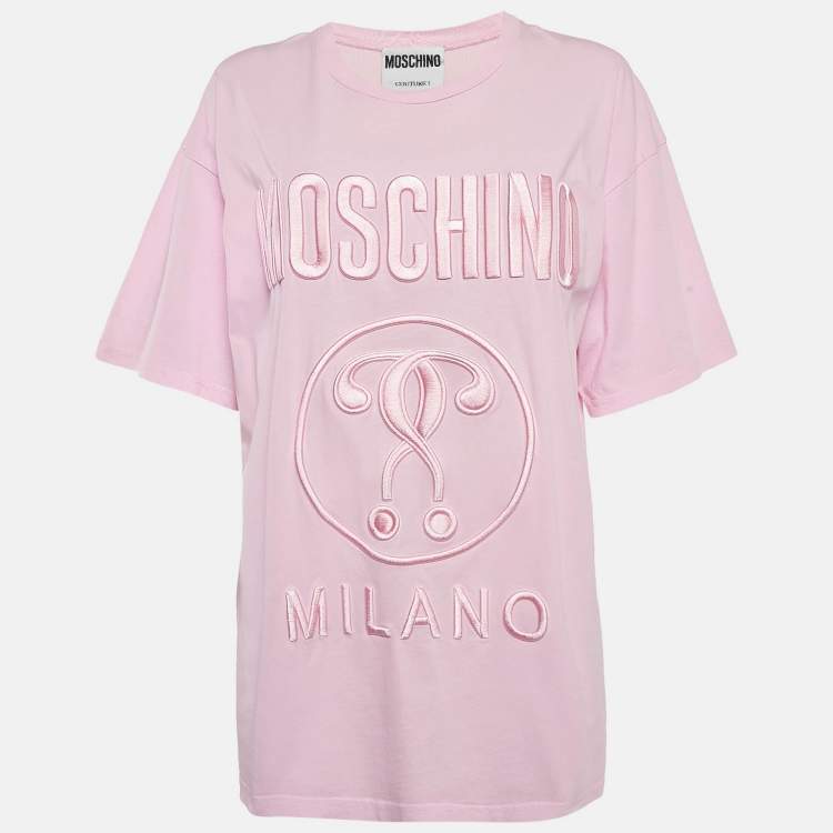 Pre Owned Moschino Couture Pink Double Question Mark Embroidered Jersey T-Shirt L