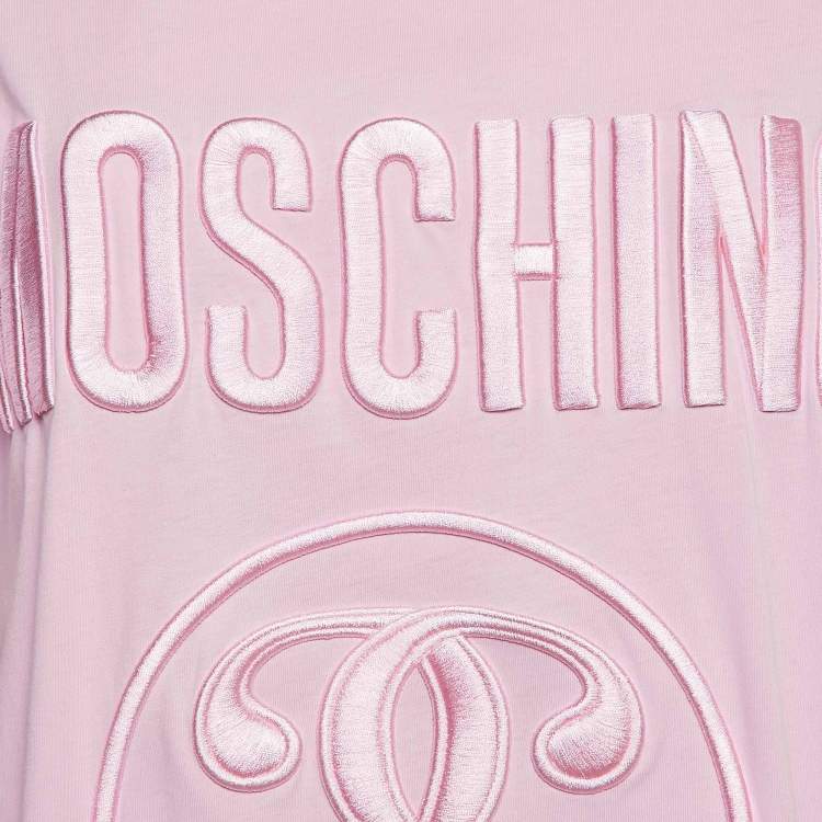 Pre Owned Moschino Couture Pink Double Question Mark Embroidered Jersey T-Shirt L