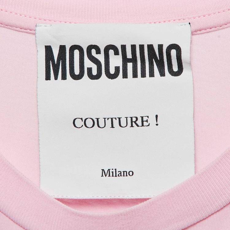 Pre Owned Moschino Couture Pink Double Question Mark Embroidered Jersey T-Shirt L