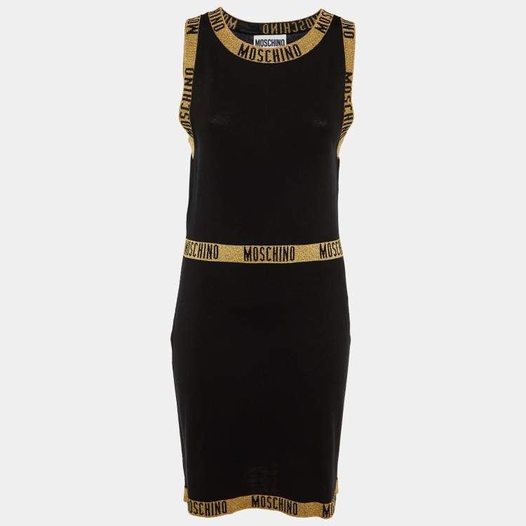 Pre Owned Moschino Couture Black Lurex Logo Detail Knit Dress & Cardigan Set M