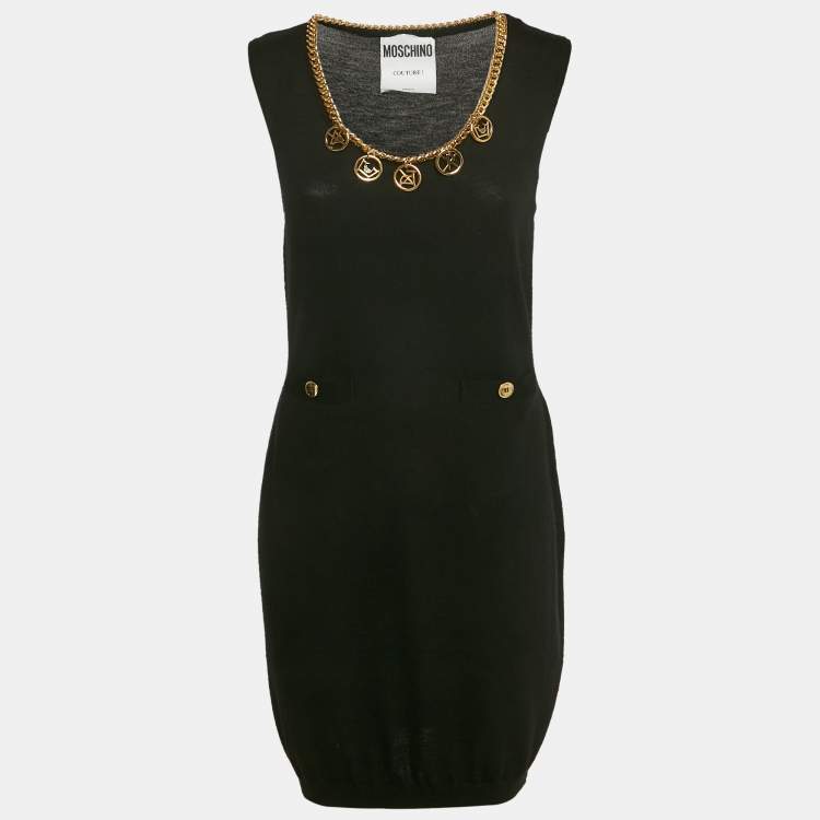 Pre Owned Moschino Couture Black Wool Knit Neck Embellished Mini Dress M