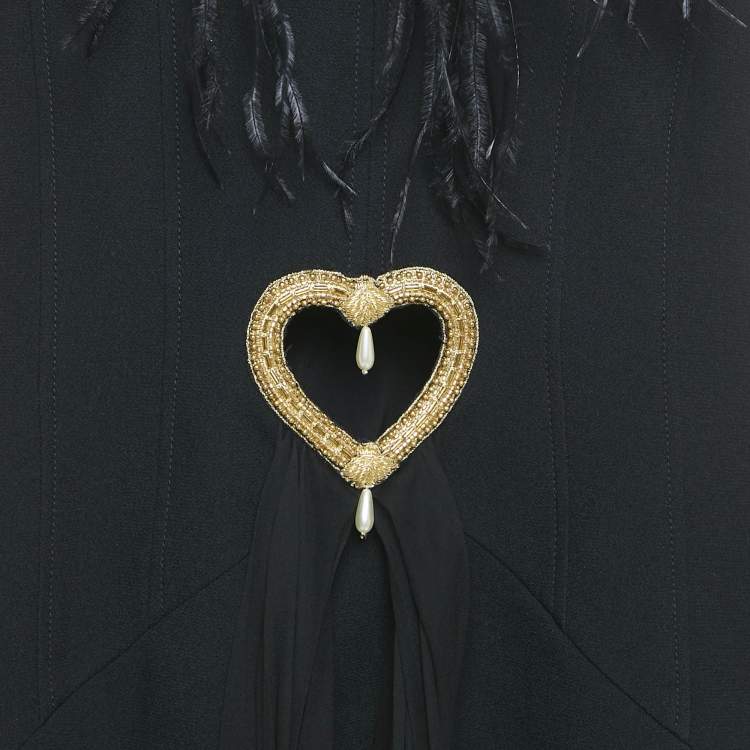 Pre Owned Moschino Couture Black Feather Trim Crepe and Silk Draped Detail Mini Dress S