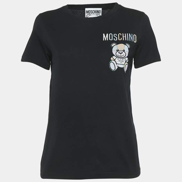 Pre Owned Moschino Couture Black Logo Embroidered Cotton Knit T-Shirt S