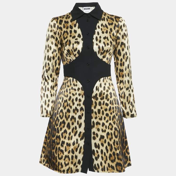 Pre Owned Moschino Couture Brown Leopard Print Cotton Blend Shirt Dress S