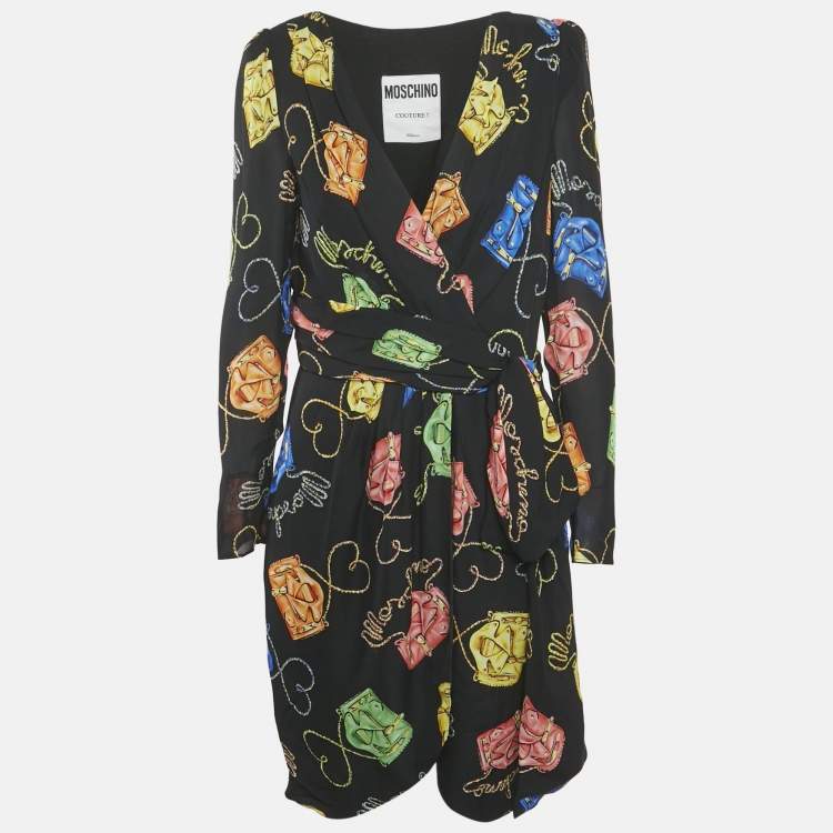Pre Owned Moschino Couture Black Biker Bag Print Silk Wrap DressM