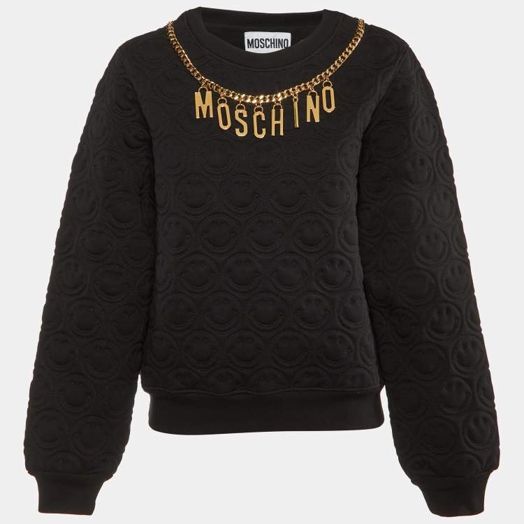 Pre Owned Moschino Couture  Black Smiley Quilted Cotton Metal Logo Detail Sweatshirt M
