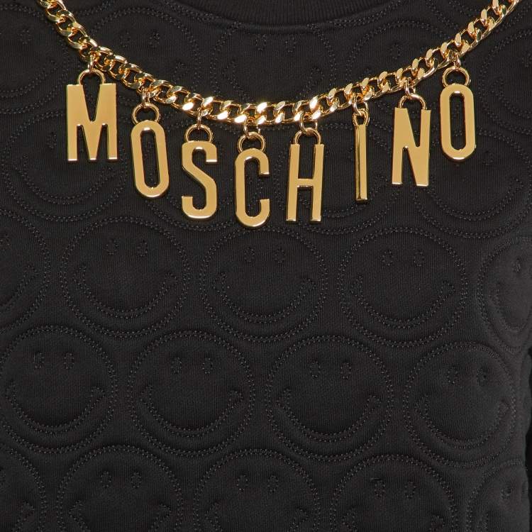 Pre Owned Moschino Couture  Black Smiley Quilted Cotton Metal Logo Detail Sweatshirt M